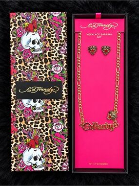 Ed Hardy Gold Tone Tiger Necklace & Earring Set